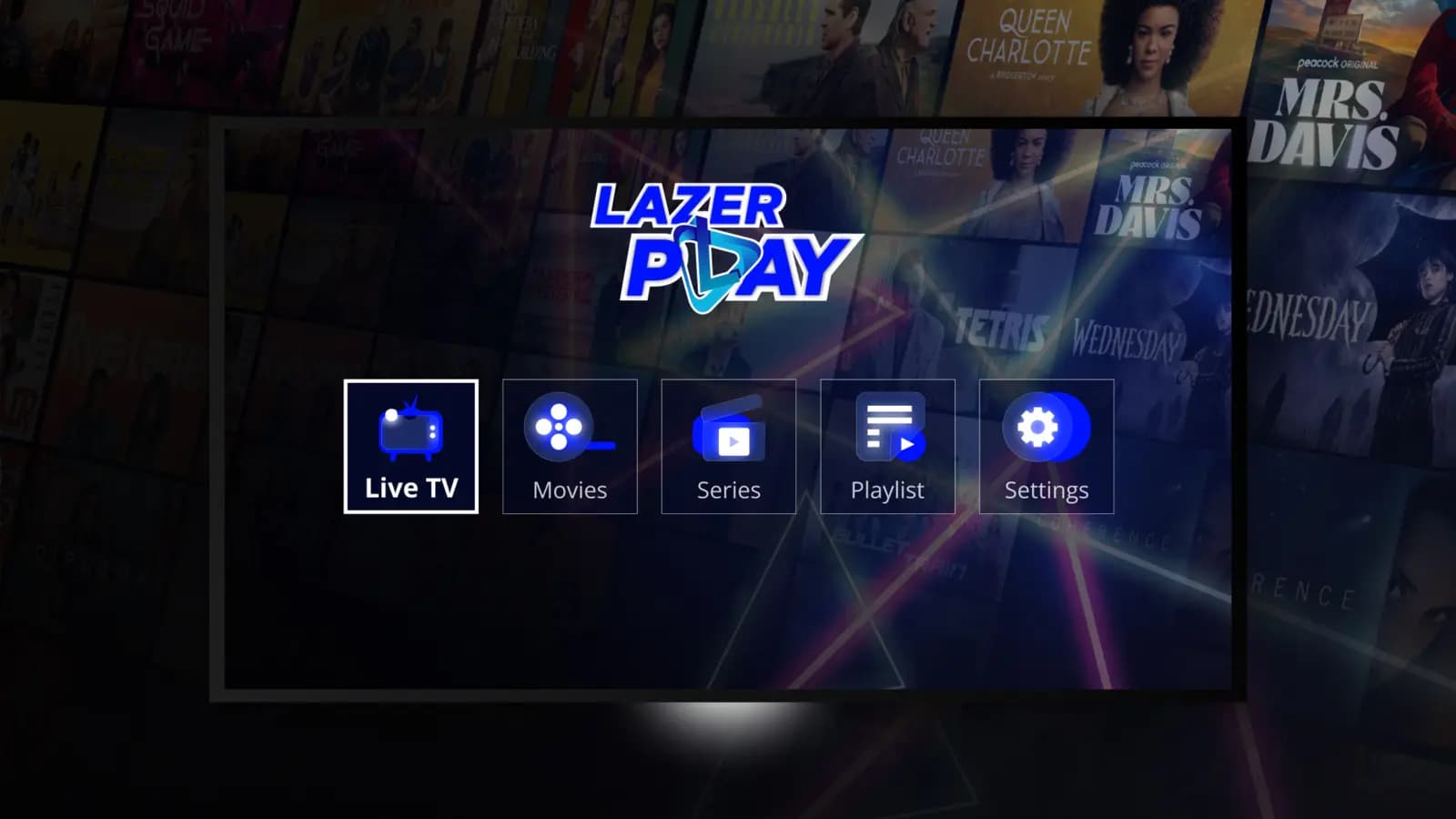Lazer Play rodando em Smart TV Samsung, LG, Roku, Android TV e Fire TV Stick com lista IPTV